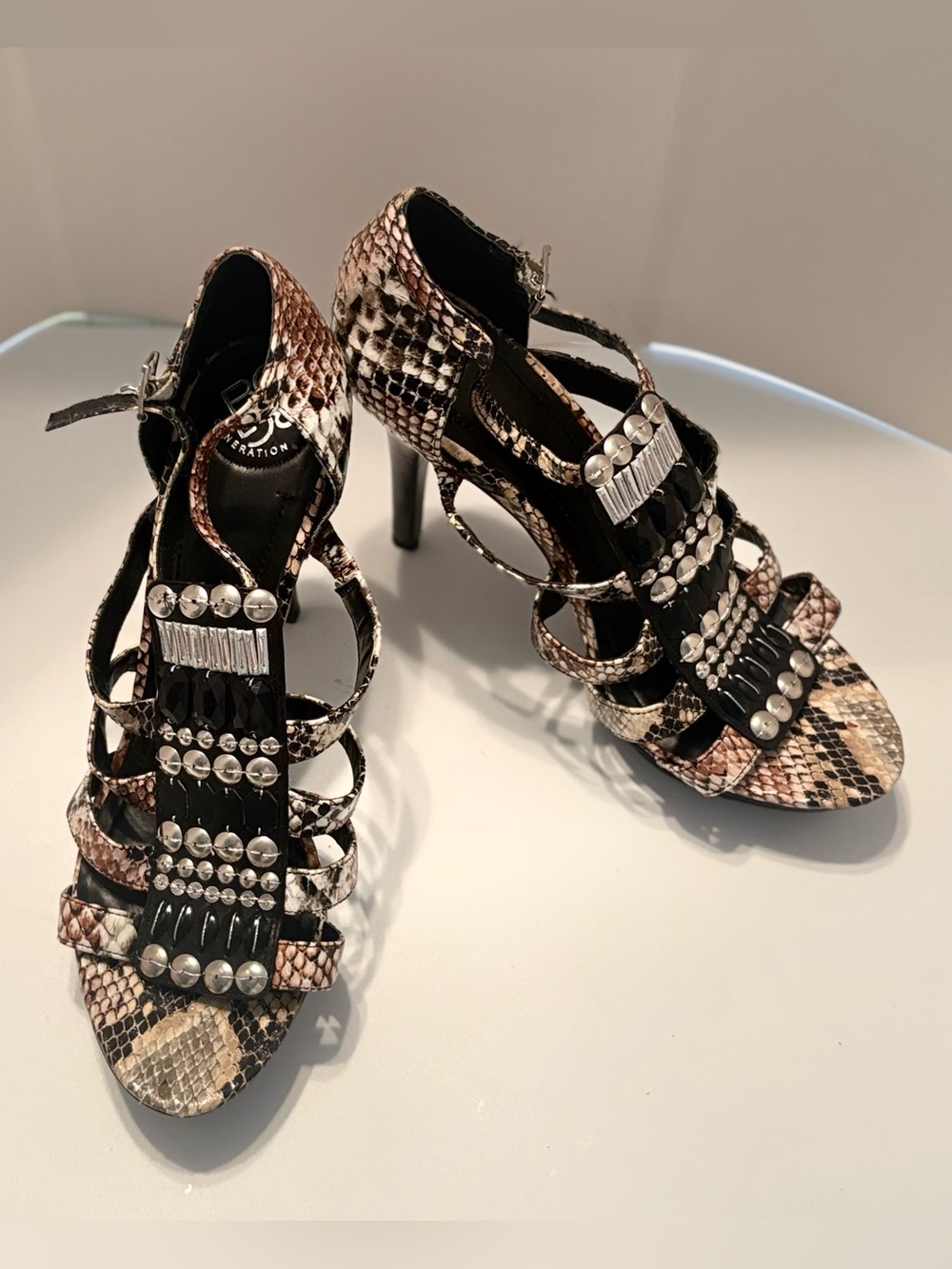 BCBG Studded Snake-Print Strappy Heels - Black/Brown